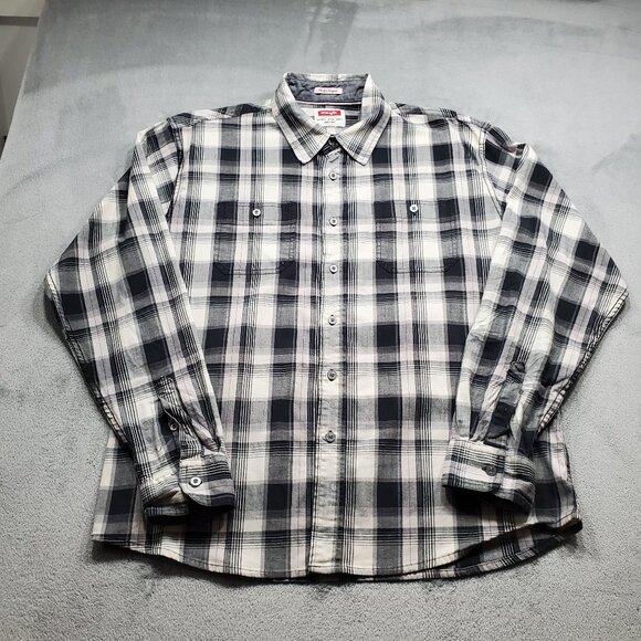 Wrangler Long Sleeve Button Up Flannel Plaid Shirt Black White Men Sz XL - Picture 1 of 9